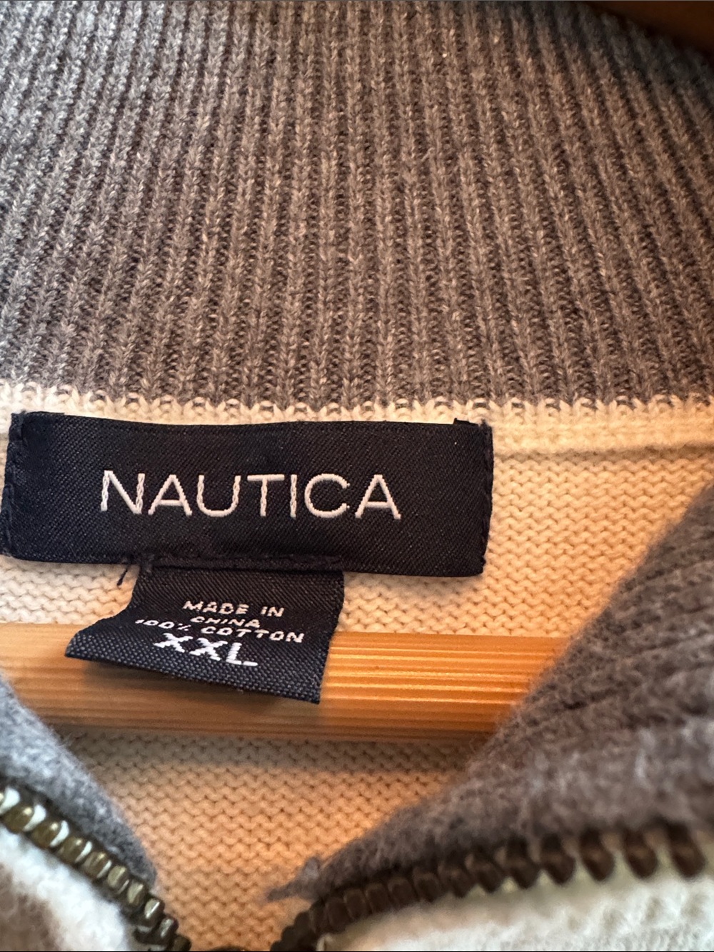 Nautica Men's Cream Quarter-Zip Sweater with Gray Contrast Collar